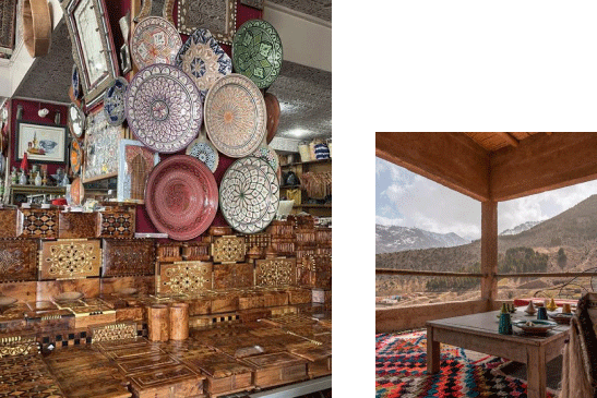 Collage de deux photos une dans un souk et l'autre dans un endroit paisible.